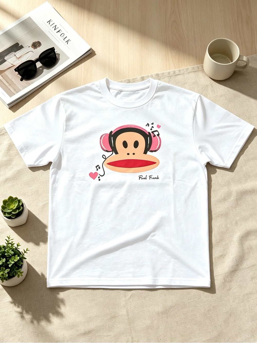 Paul Frank White Graphic Tee with Pink Headphone Monkey
